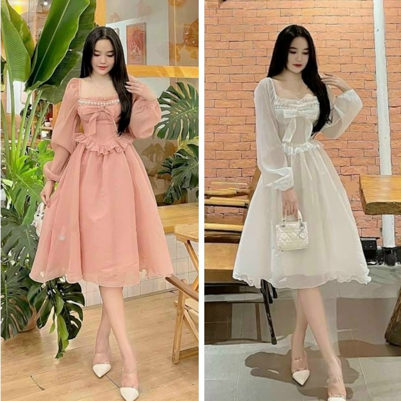 Đần váy voan dài tay dáng dài tiểu thư kết nơ ngực đính đá thích hợp du lịch, dự tiệc