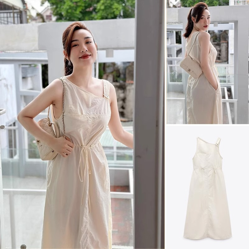 ĐẦM VẢI MIDI ZARA XUẤT DƯ TUỒN CỔ LỆCH MÀU KEM - 2806/213