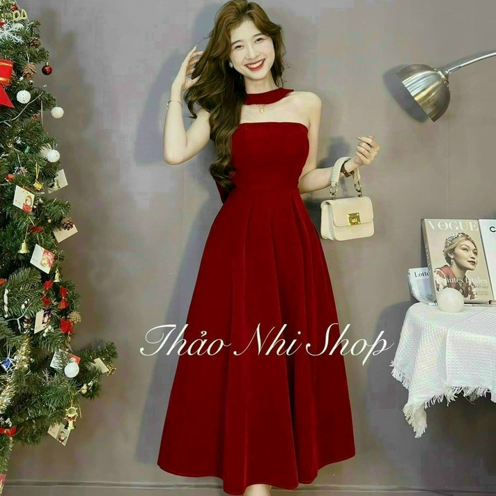 Đầm thời trang nữ mặc đi chơi chất nhung cứng dây cổ có nơ sau lưng thanh lịch tiểu thư sang chảnh