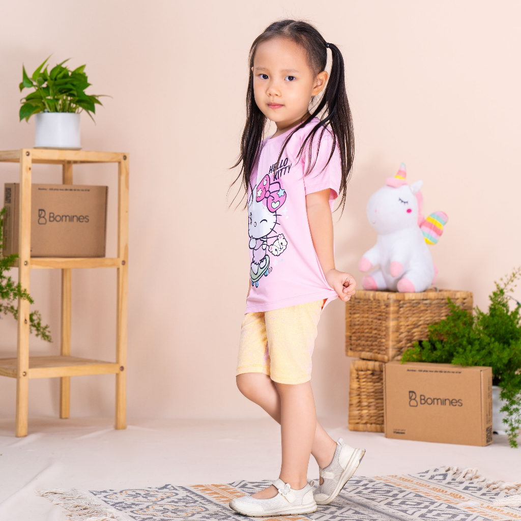 Đồ bộ bé gái Hello Kitty BOMINES, thun cotton tay ngắn mát mẻ cho bé 4-12 tuổi, 14- 36kg DBKITTYQUANLOANG