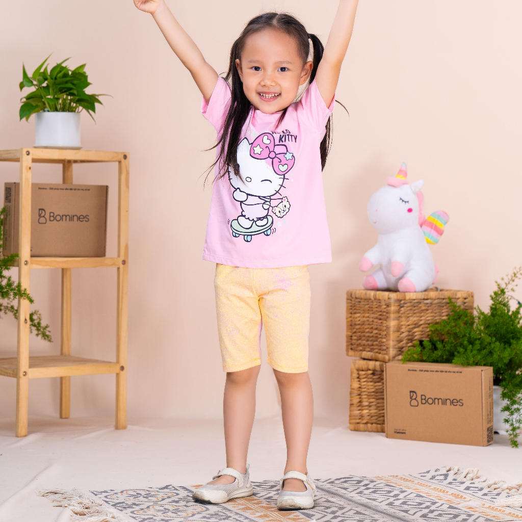 Đồ bộ bé gái Hello Kitty BOMINES, thun cotton tay ngắn mát mẻ cho bé 4-12 tuổi, 14- 36kg DBKITTYQUANLOANG