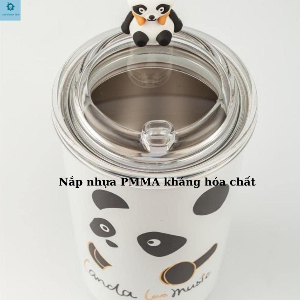Ly giữ nhiệt gấu đen trắng panda 380ml, bình nước cute inox 304 nắp kín Pinchana