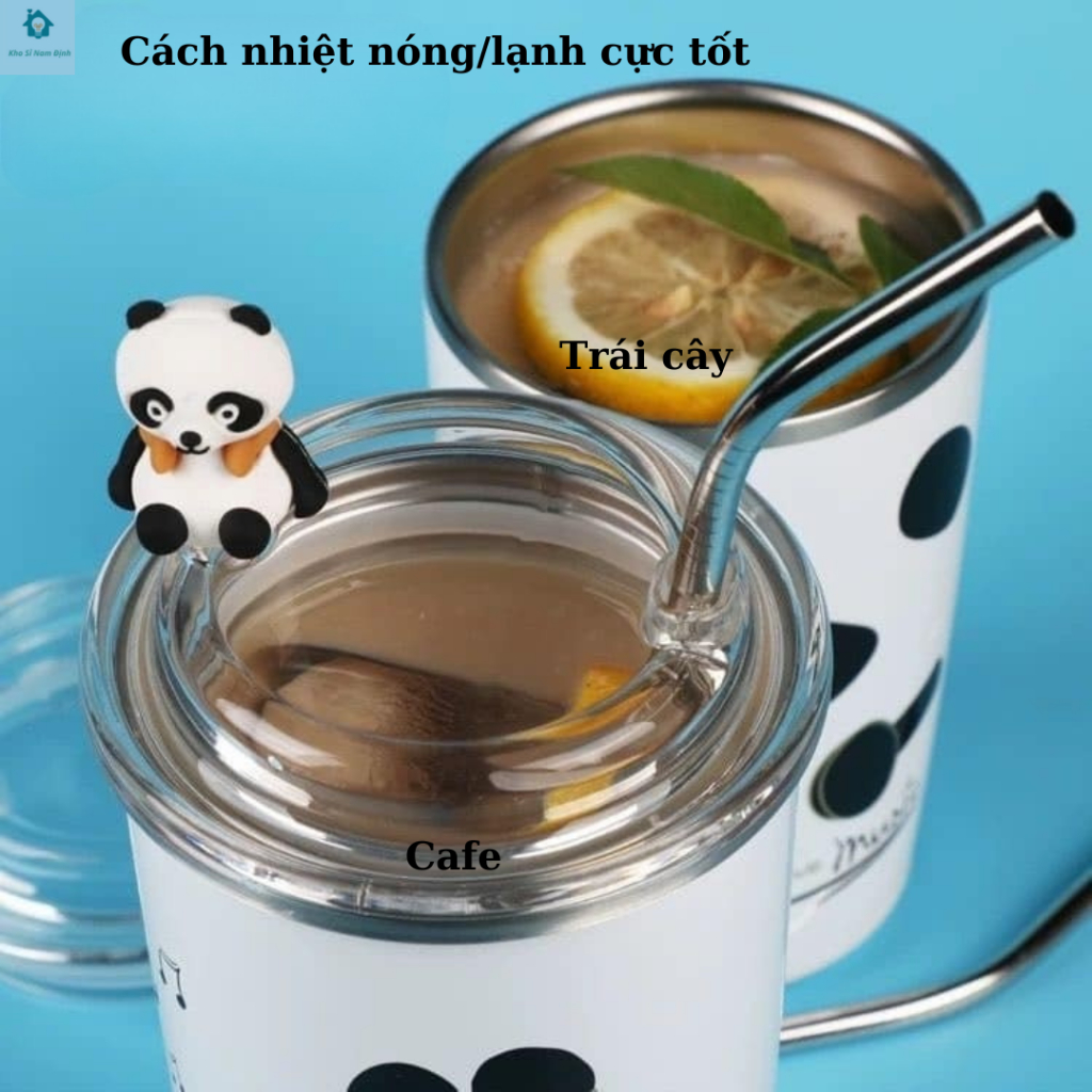 Ly giữ nhiệt gấu đen trắng panda 380ml, bình nước cute inox 304 nắp kín Pinchana