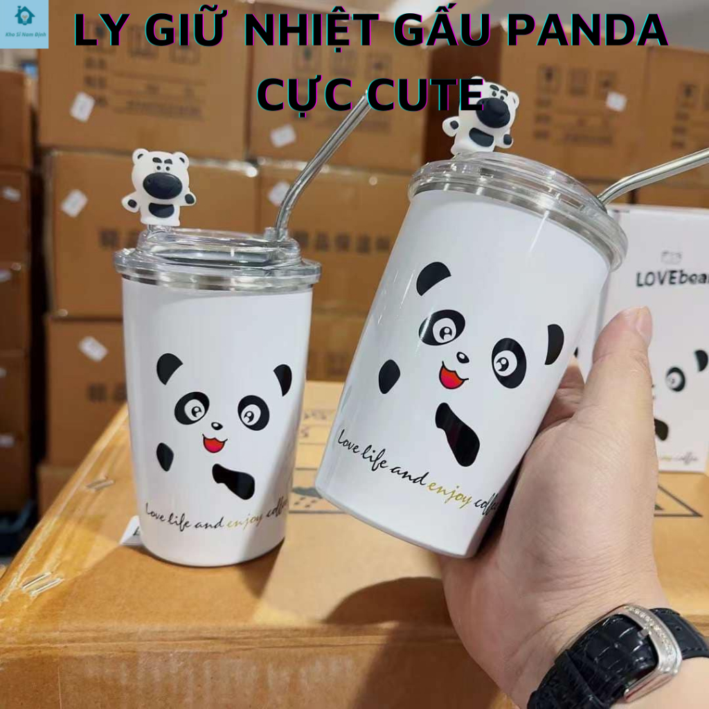 Ly giữ nhiệt gấu đen trắng panda 380ml, bình nước cute inox 304 nắp kín Pinchana