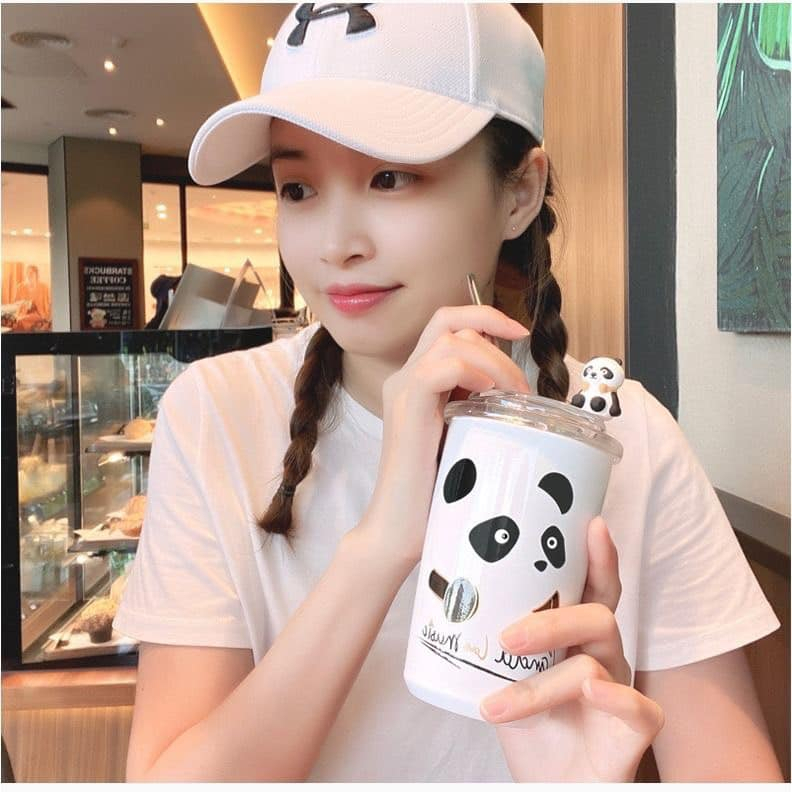 Ly giữ nhiệt gấu đen trắng panda 380ml, bình nước cute inox 304 nắp kín Pinchana