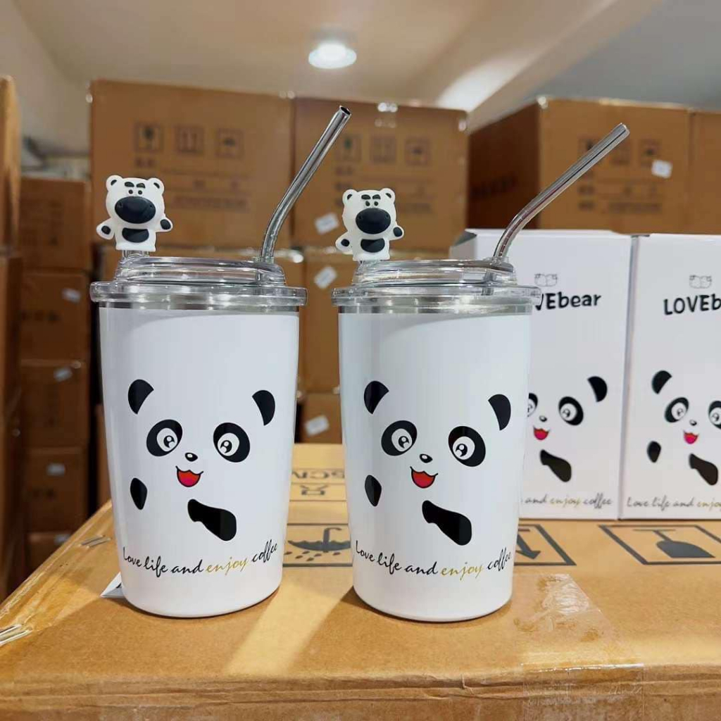 Ly giữ nhiệt gấu đen trắng panda 380ml, bình nước cute inox 304 nắp kín Pinchana