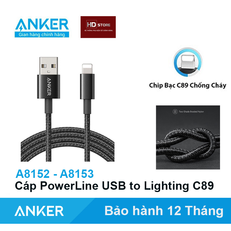 Dây sạc dù ANKER USB to Lighting cho IP MFI Chip mới C89 Bạc - A8152 A8153 dài 1 Mét dài 1.8 Mét HD Store