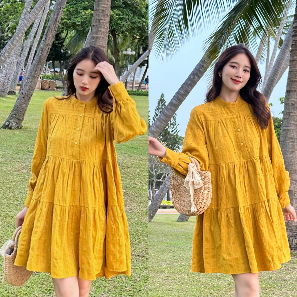Đầm babydoll tay dài cổ trụ nhỏ style Nanda màu vàng D465