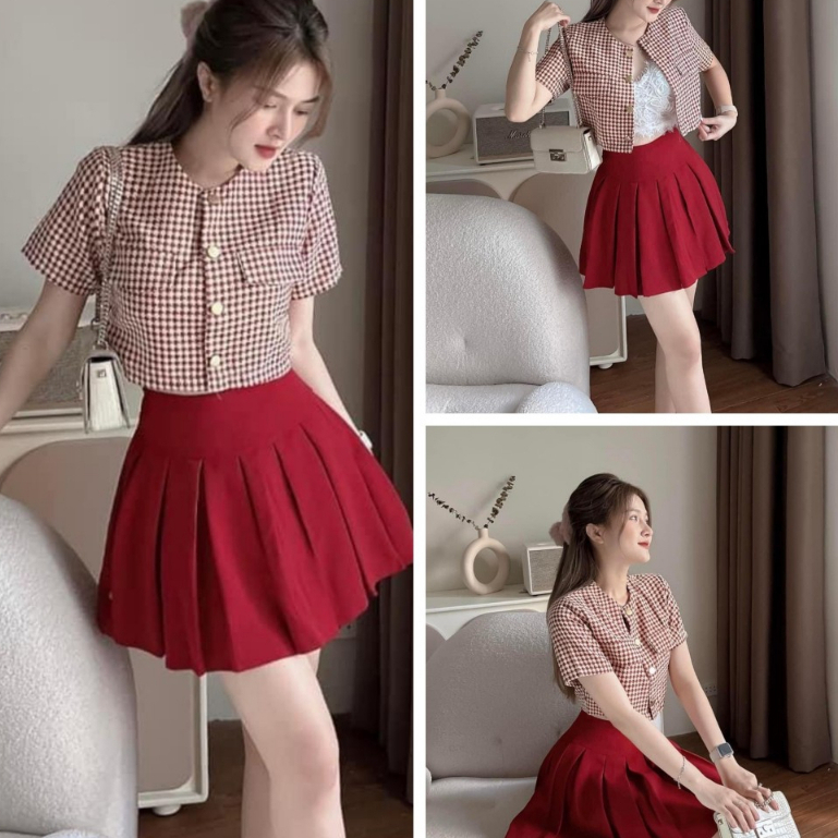 Set bộ áo bố kim kẻ caro tay ngắn đính nút cục xinh mix chân váy ngắn xòe tiểu thư xinh xắn với 3 tone màu