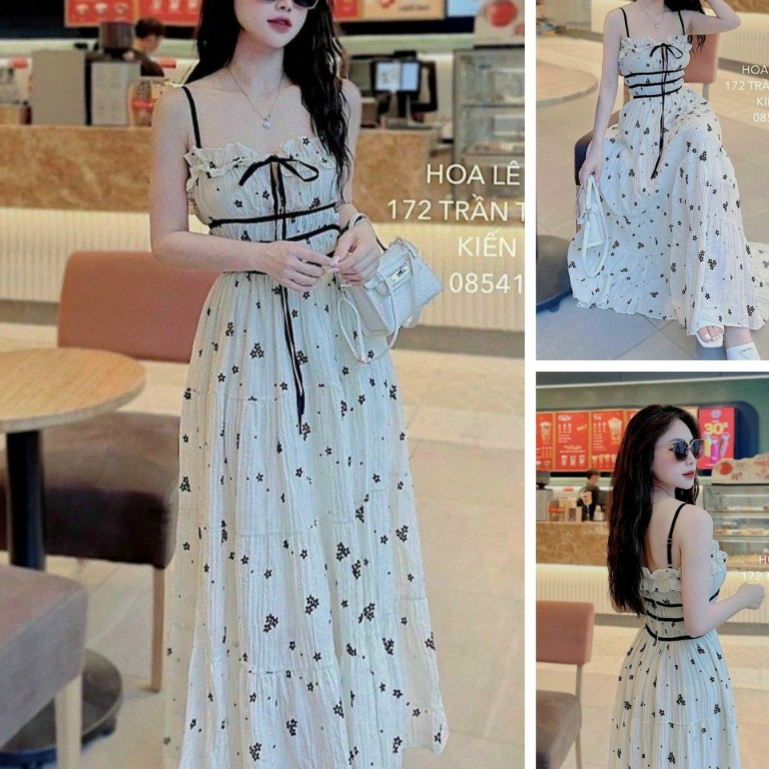 Đầm maxi dáng dài xốp hoa hai dây tiểu thư cột nơ trước ngực dành cho các nàng đi chơi, du lịch thời trang xinh xắn