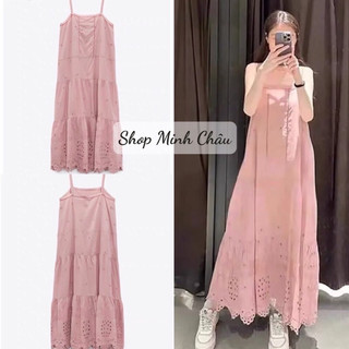 Váy 2 dây midi hồng ruốc thêu Zaraa