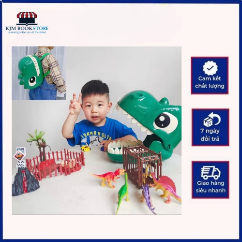 Set Ba Lô Đầu Khủng Long Kèm Mô hình 32 món, có quai đeo gồm Khủng Long Mini, Ô Tô Mini, Cảnh Quan, Biển Báo
