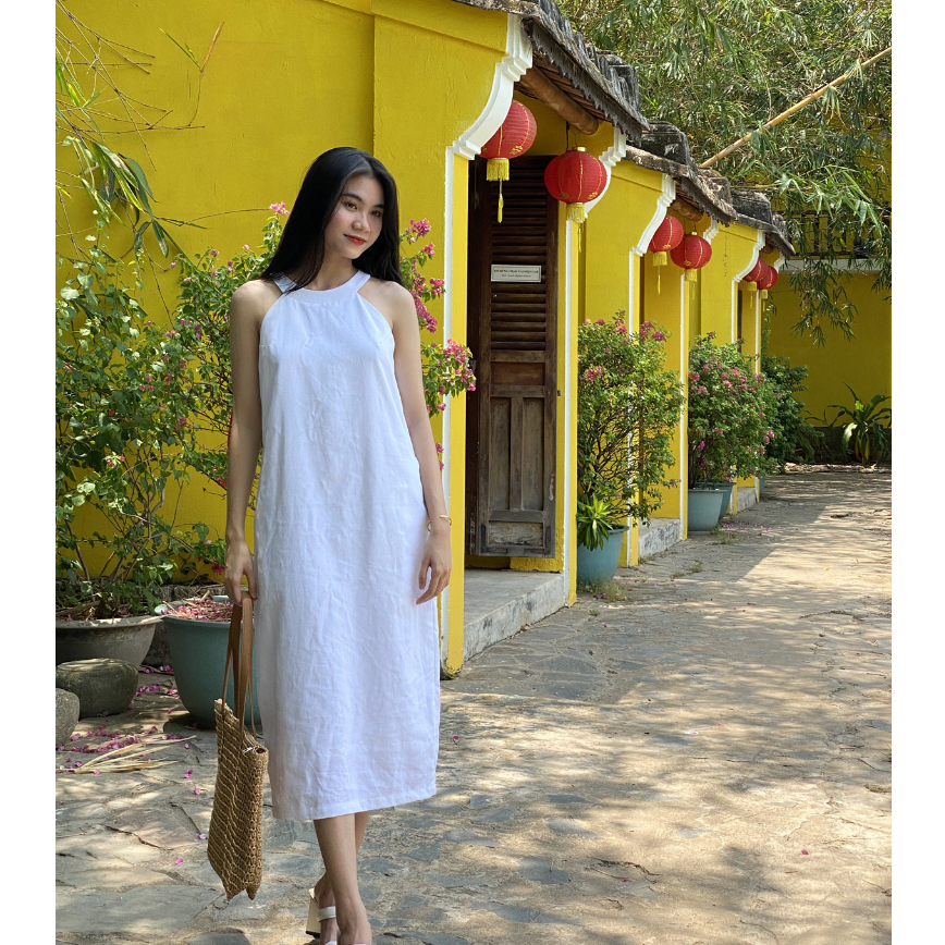 Đầm suông linen đầm cổ yếm váy dáng dài nữ tính sang trong thời trang linen Hoa Đô màu hồng HD3044
