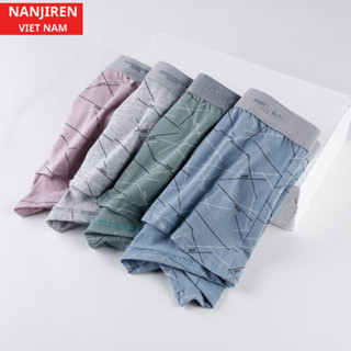 Hộp 4 Quần Sịp Boxer Nam Vải Lụa Băng Thun Lạnh Cao Cấp NANJIREN Họa Tiết Kẻ (Có che tên sản phẩm)