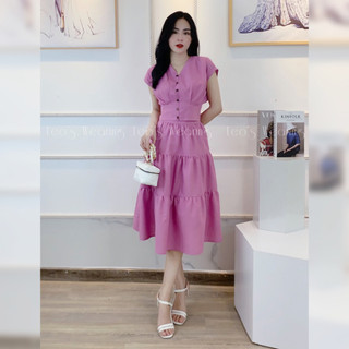 Set váy linen hồng tím LEOSWEARING áo tay cánh dơi mix chân váy xòe 3 tầng A270