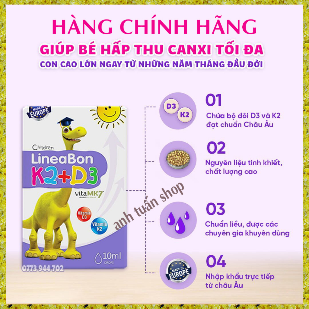 Lineabon d3 k2 Vitamin d3 k2 mk7 Vitamin d3 cho trẻ sơ sinh Canxi d3k2 Lọ 10ml