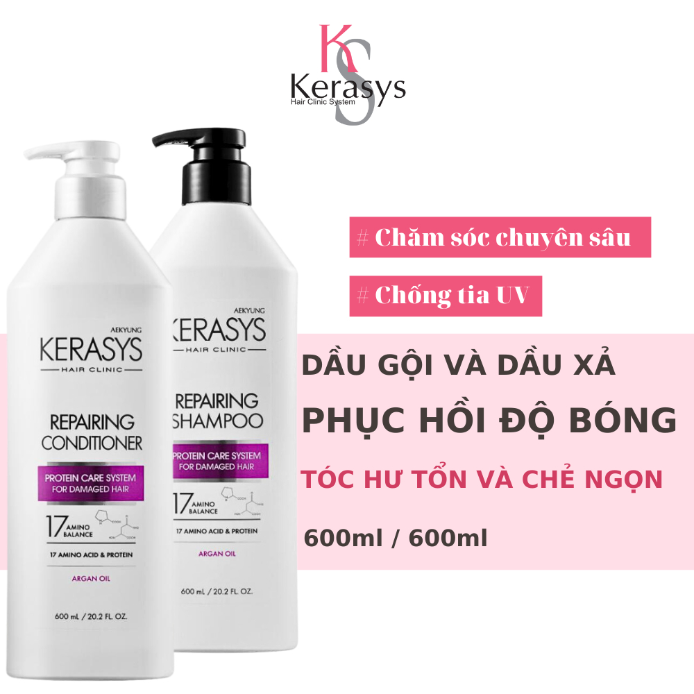 Cặp dầu gội xả Kerasys Repairing Hàn Quốc phục hồi độ bóng, tăng cường chống tia UV cho tóc hư tổn, chẻ ngọn 600ml