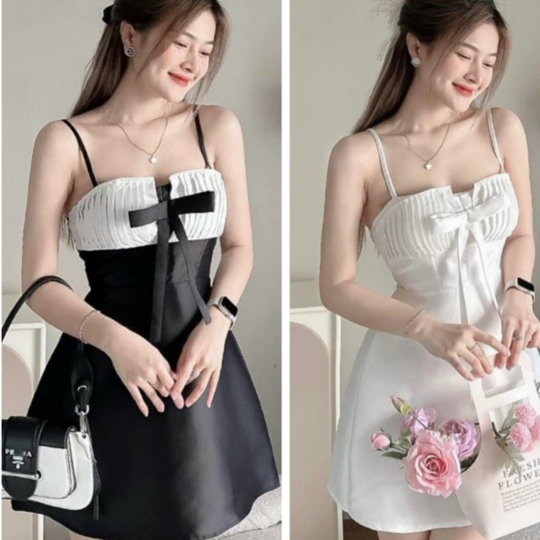 Đầm váy hai dây dập ly ngực mix nơ xinh xắn đi chơi, dự tiệc sang trọng thanh lịch với hai tonne màu đen và trắng