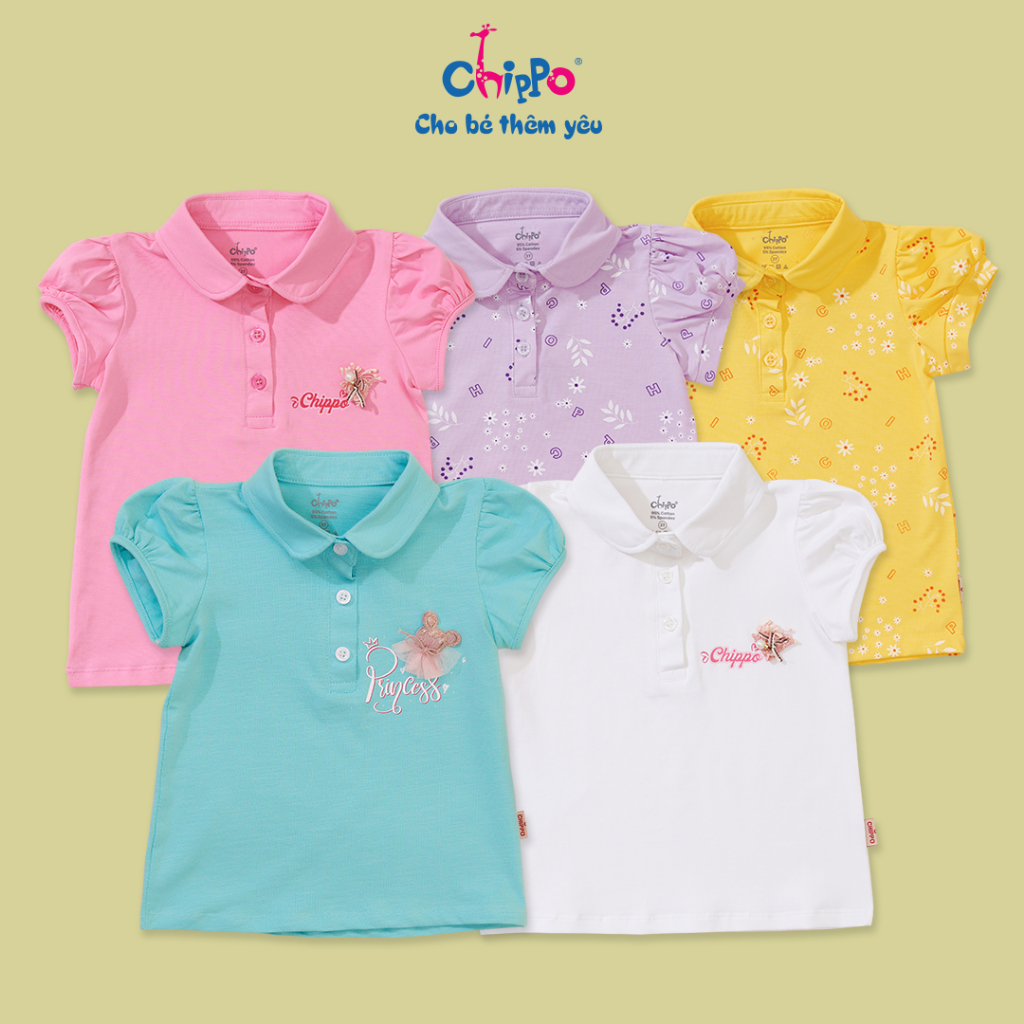 Áo Polo Chippo cho bé Gái chất liệu 100% Cotton áo thun sơ mi đi học cho bé từ 2 đến 6 tuổi (12-22Kg)