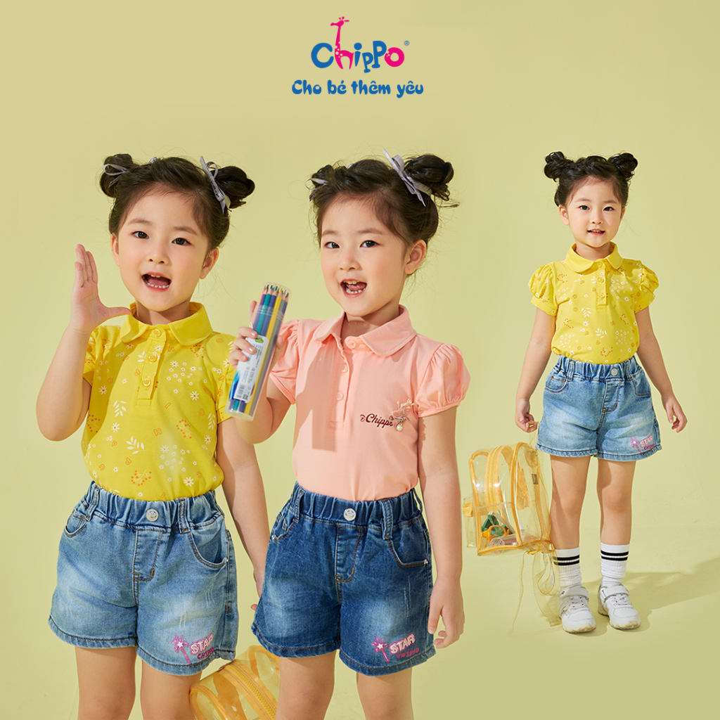 Áo Polo Chippo cho bé Gái chất liệu 100% Cotton áo thun sơ mi đi học cho bé từ 2 đến 6 tuổi (12-22Kg)