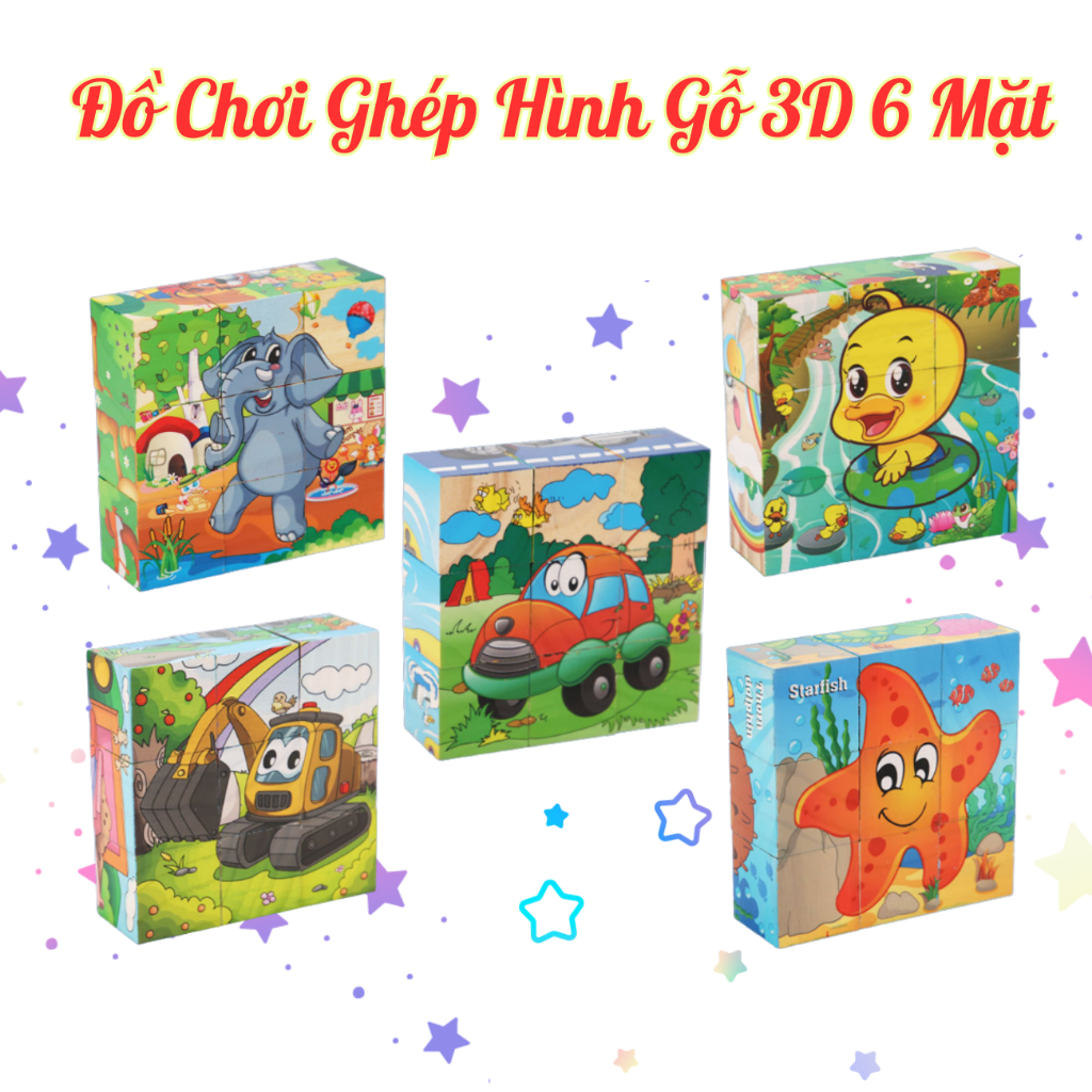 Bộ Đồ Chơi Xếp Hình 3D 6 Mặt Gồm 9 Khối Gỗ + 6 Hình Ghép Thú Dễ Thương Cho Bé suckhoegiadinhviet247