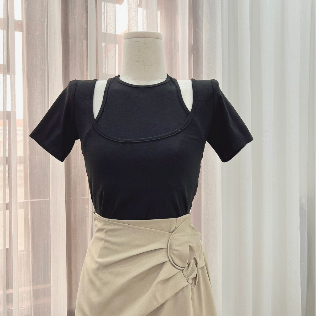 Set bộ áo thun zip khoét vai mix chân váy dài kaki, Set áo 2 dây mix chân váy kaki