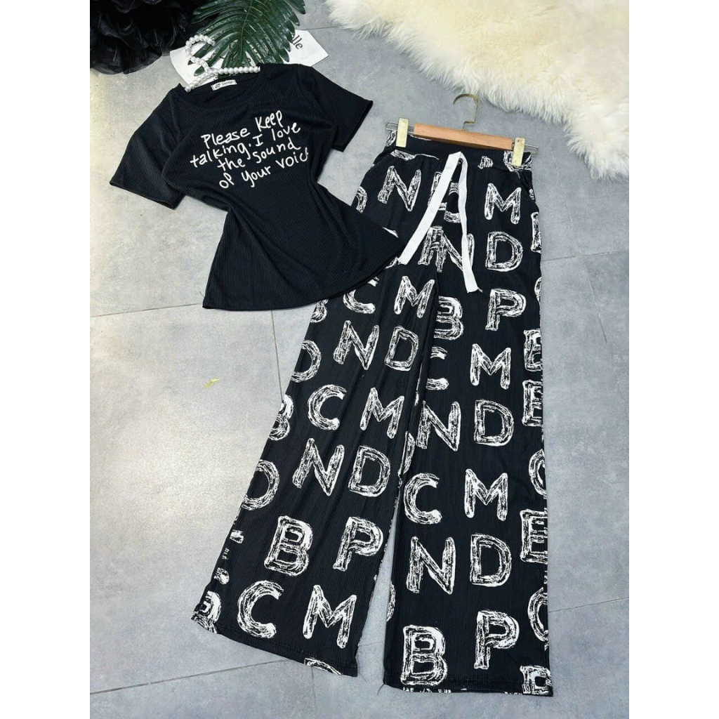 [5,5 Sales Freeship] Set áo thun đen cổ tròn in chữ croptop mix quần dài ống suông in họa tiết cá tính mtb