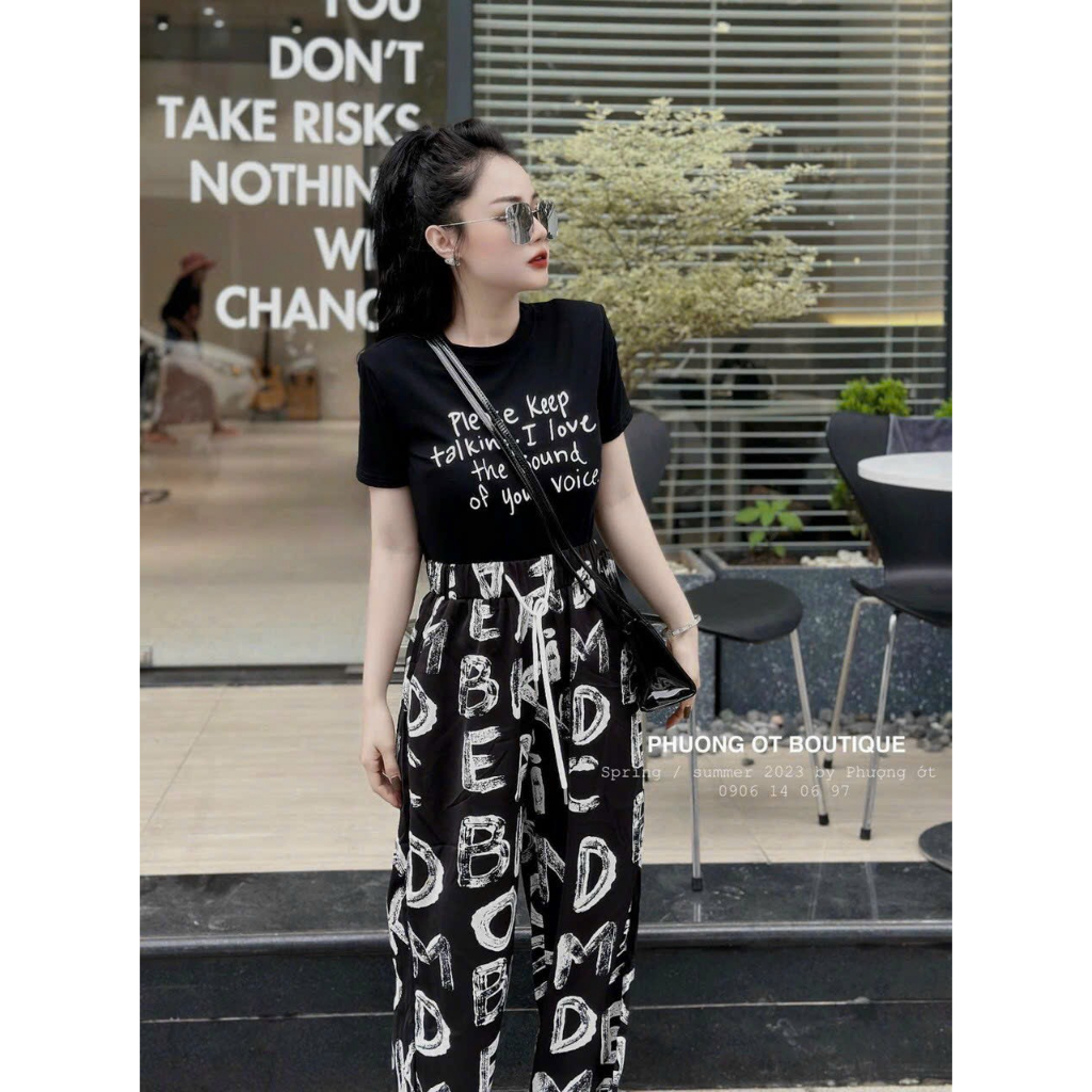 [5,5 Sales Freeship] Set áo thun đen cổ tròn in chữ croptop mix quần dài ống suông in họa tiết cá tính mtb