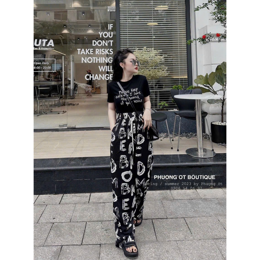 [5,5 Sales Freeship] Set áo thun đen cổ tròn in chữ croptop mix quần dài ống suông in họa tiết cá tính mtb