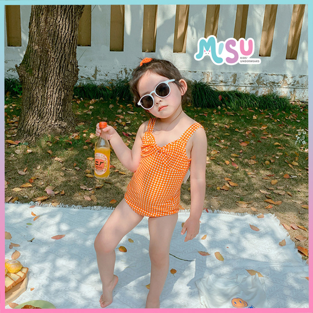 Bộ đồ bơi Bikini áo tắm liền thân Màu Cam nơ lưng trắng tặng kèm mũ cho bé gái Misu DB02