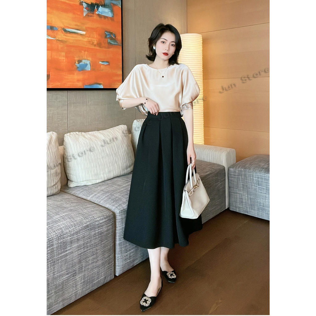 SET ÁO LỤA TAY LỠ A22 KÈM CHÂN VÁY XÒE SV22 JUN STORE