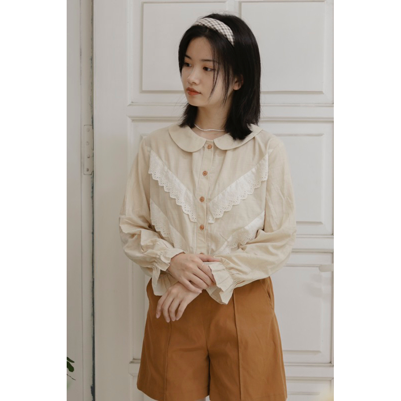 Áo sơ mi phối ren tay xoè xinh xắn | Lá Xoè