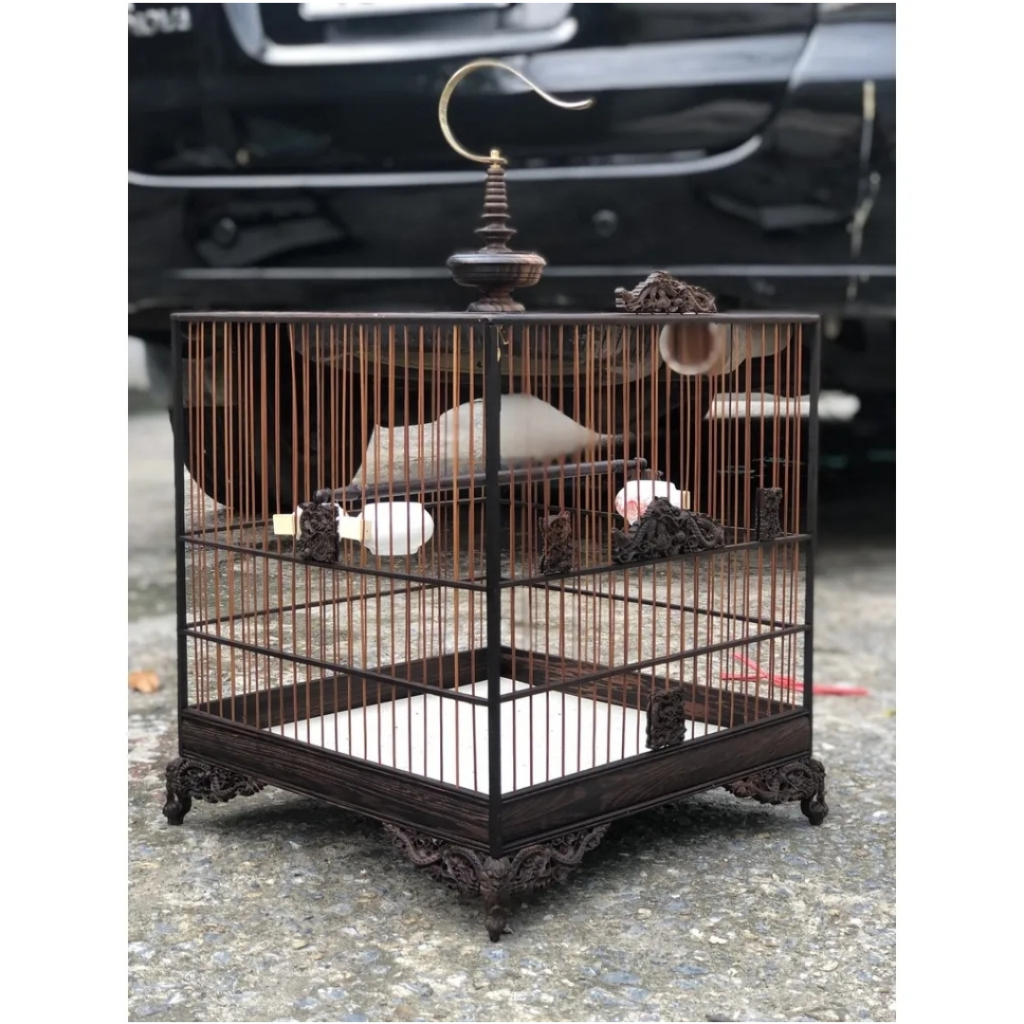 Lồng chim Chào mào gỗ Mun đuôi công Thái đấu đục Rồng. Kích thước Vuông 37, nóc 31cm. Đầy đủ phụ kiện