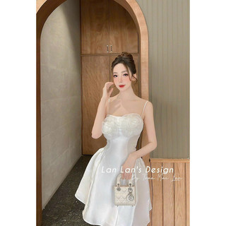 Đầm 2 dây tafta đính hoa nổi xoè