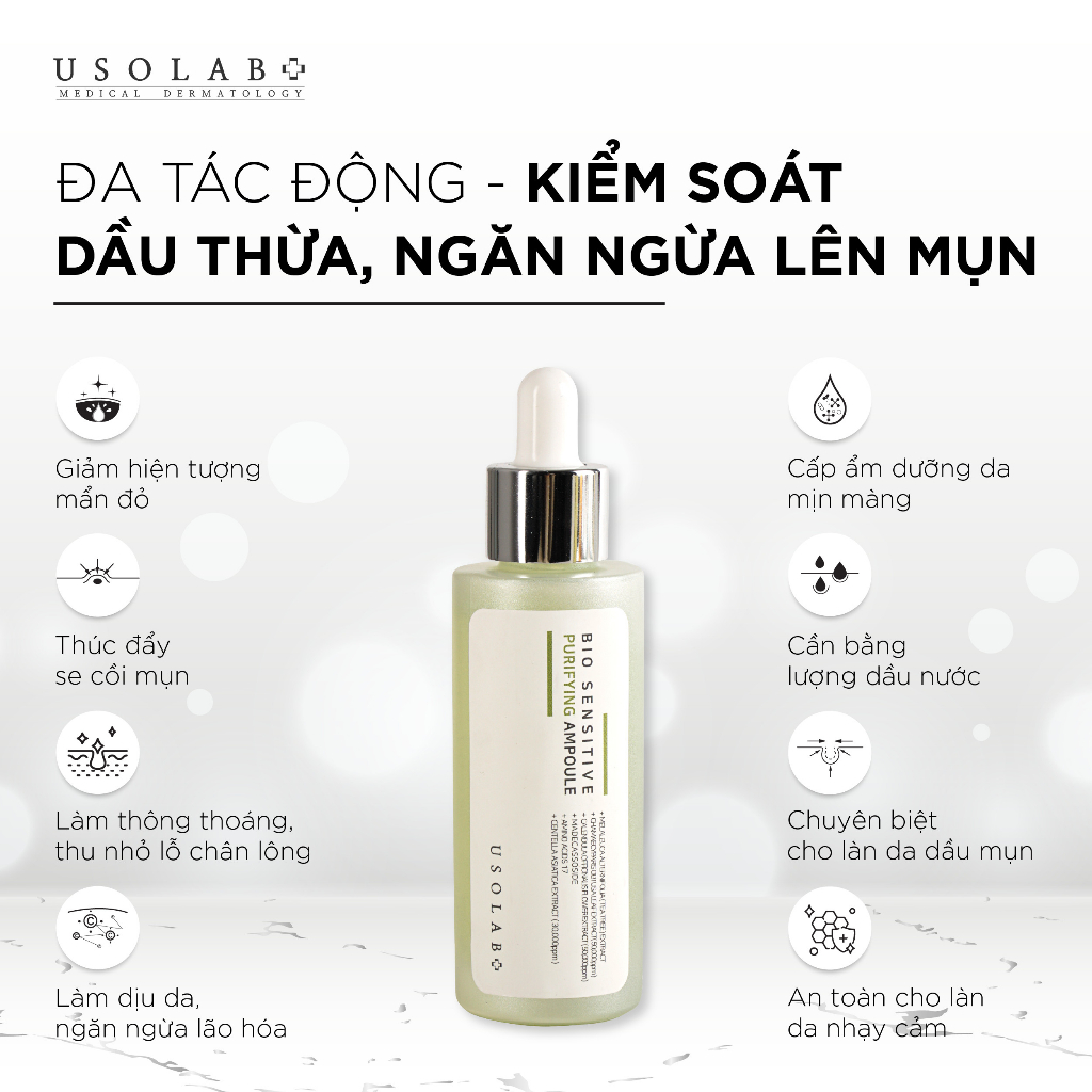 Bộ đôi ngăn ngừa mụn, mờ vết thâm và kiềm dầu USOLAB Sữa rửa mặt Sensitive Cleanser 150ml + Serum Purifying Ampoule 50ml