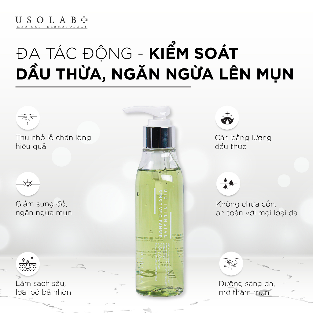 Bộ đôi ngăn ngừa mụn, mờ vết thâm và kiềm dầu USOLAB Sữa rửa mặt Sensitive Cleanser 150ml + Serum Purifying Ampoule 50ml