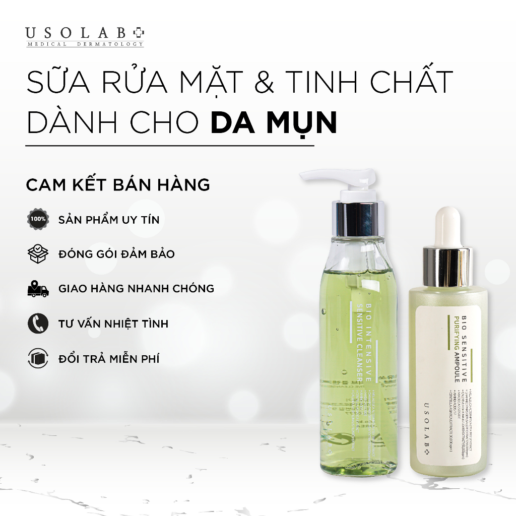 Bộ đôi ngăn ngừa mụn, mờ vết thâm và kiềm dầu USOLAB Sữa rửa mặt Sensitive Cleanser 150ml + Serum Purifying Ampoule 50ml