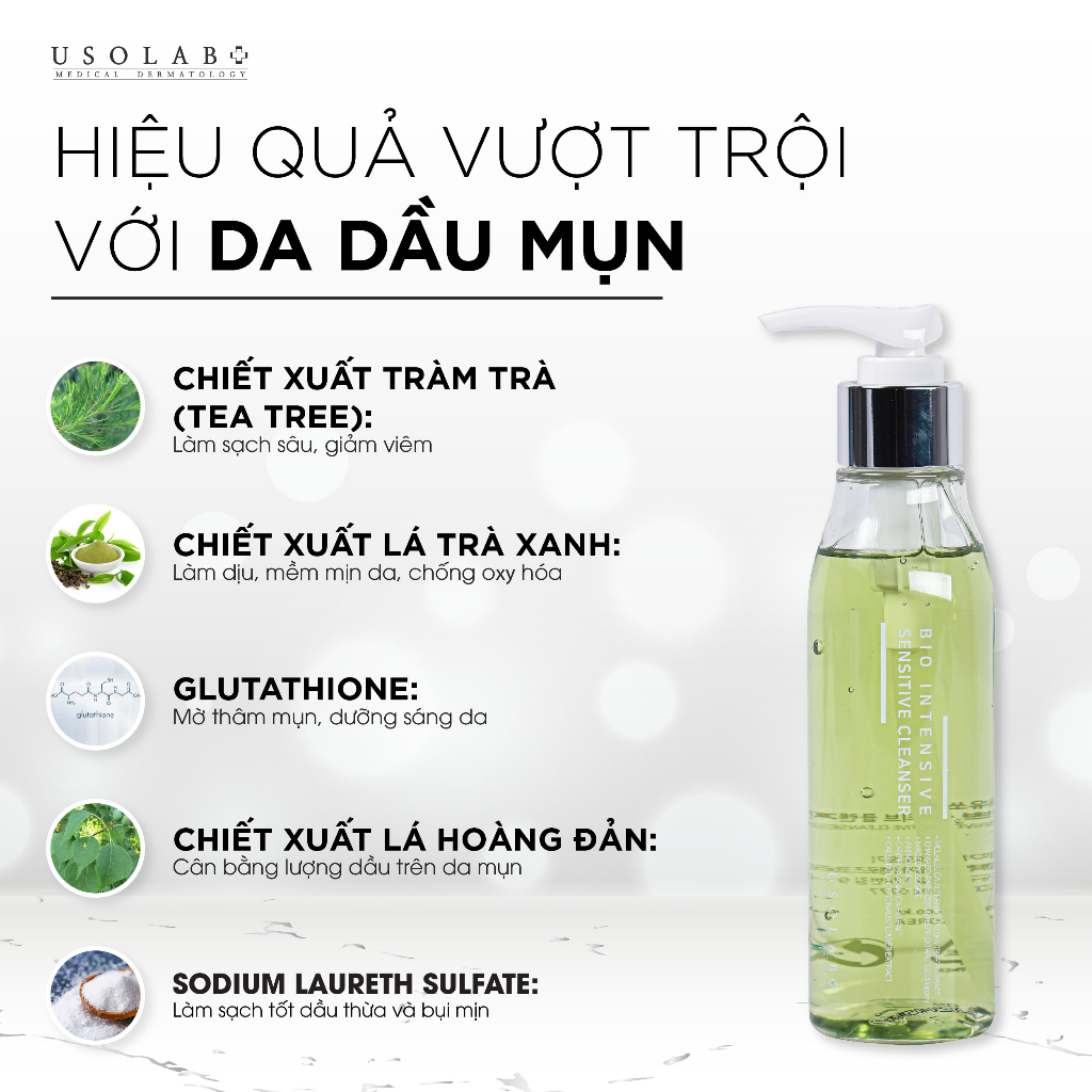 Bộ đôi ngăn ngừa mụn, mờ vết thâm và kiềm dầu USOLAB Sữa rửa mặt Sensitive Cleanser 150ml + Serum Purifying Ampoule 50ml