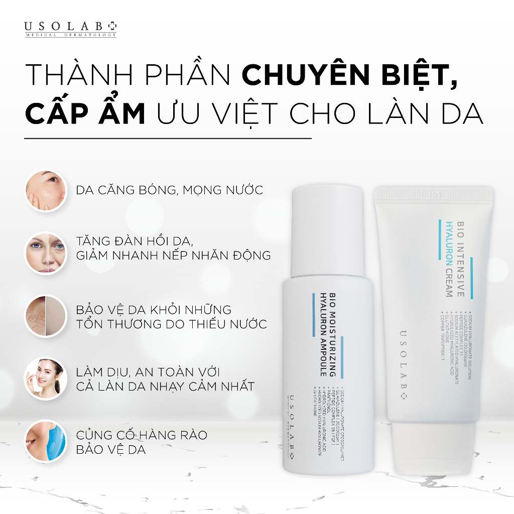 Bộ đôi cấp ẩm chuyên sâu, căng bóng da và giữ nước USOLAB Serum Hyaluron Ampoule 50ml + Kem dưỡng Hyaluron Cream 50ml