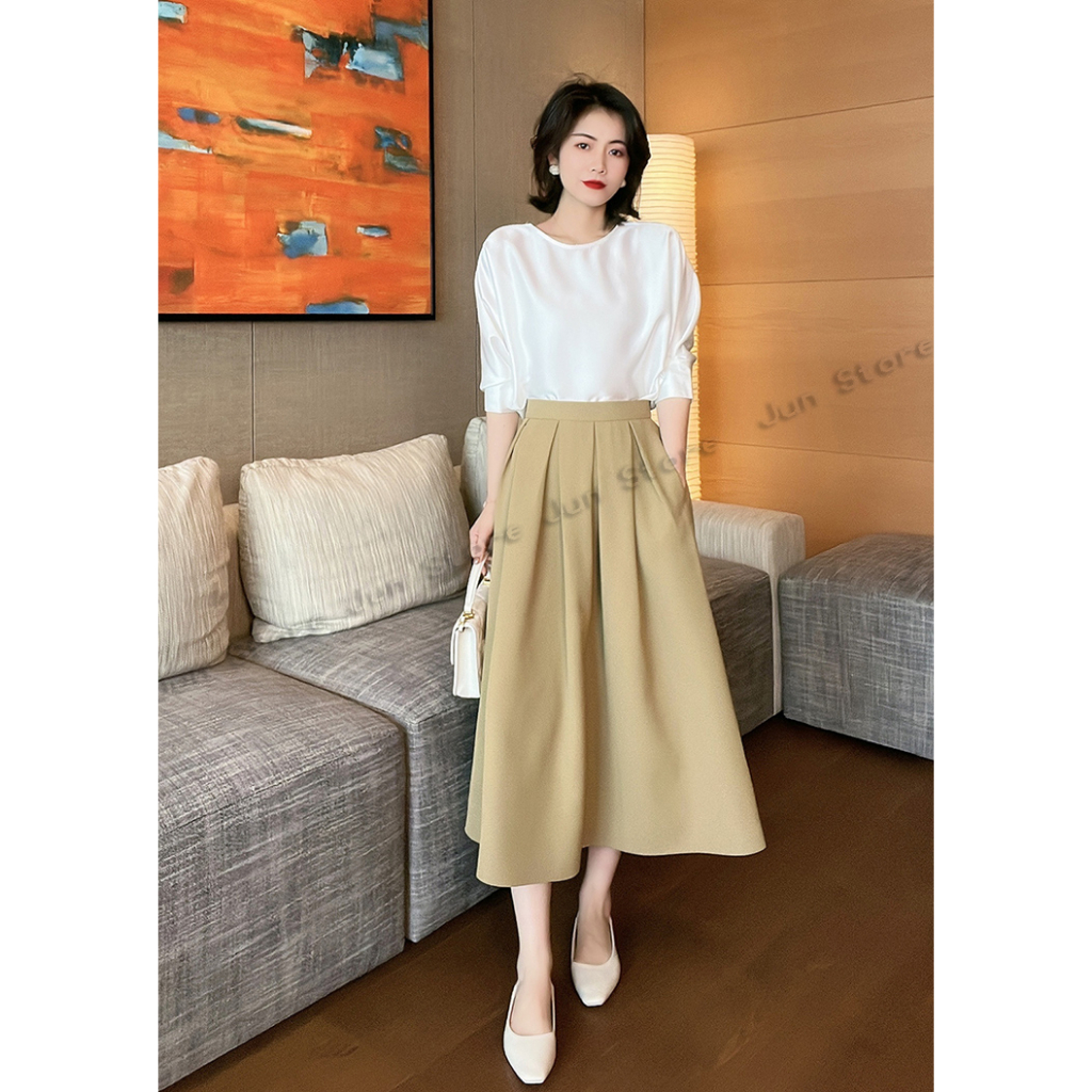 SET ÁO LỤA TAY LỠ A22 KÈM CHÂN VÁY XÒE SV22 JUN STORE
