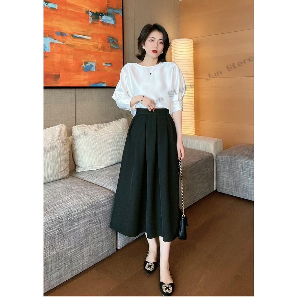 SET ÁO LỤA TAY LỠ A22 KÈM CHÂN VÁY XÒE SV22 JUN STORE
