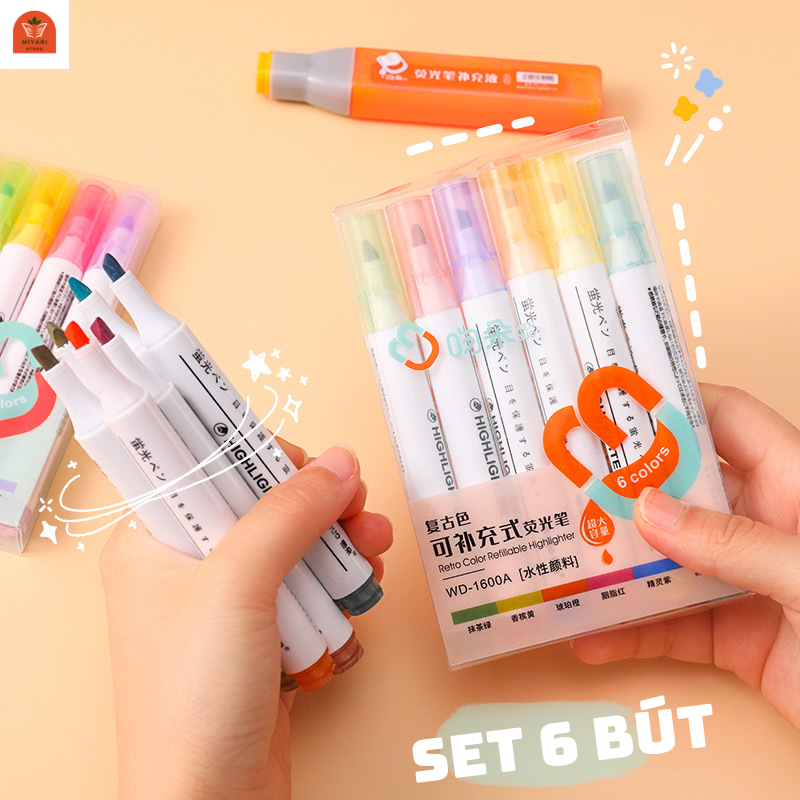 Set bút highlight pastel macaron - dạ quang set / 6 cái văn phòng phẩm - set bút highlight dấu dòng cute - MIYABI STORE