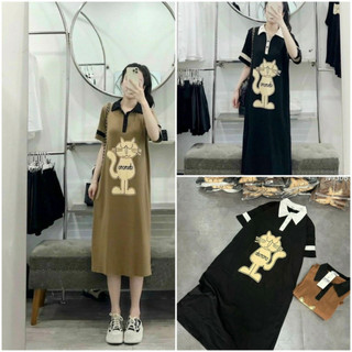Váy suông nữ cổ polo mèo cộc tay, đầm suông cổ bẻ dáng dài