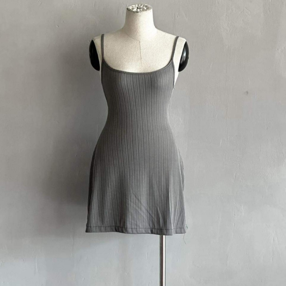 BARE_(Có size) Đầm hai dây nữ form ngắn xòe nhẹ kèm quần trong chất thun gân trung mềm mát phong cách đơn giản - Đ017