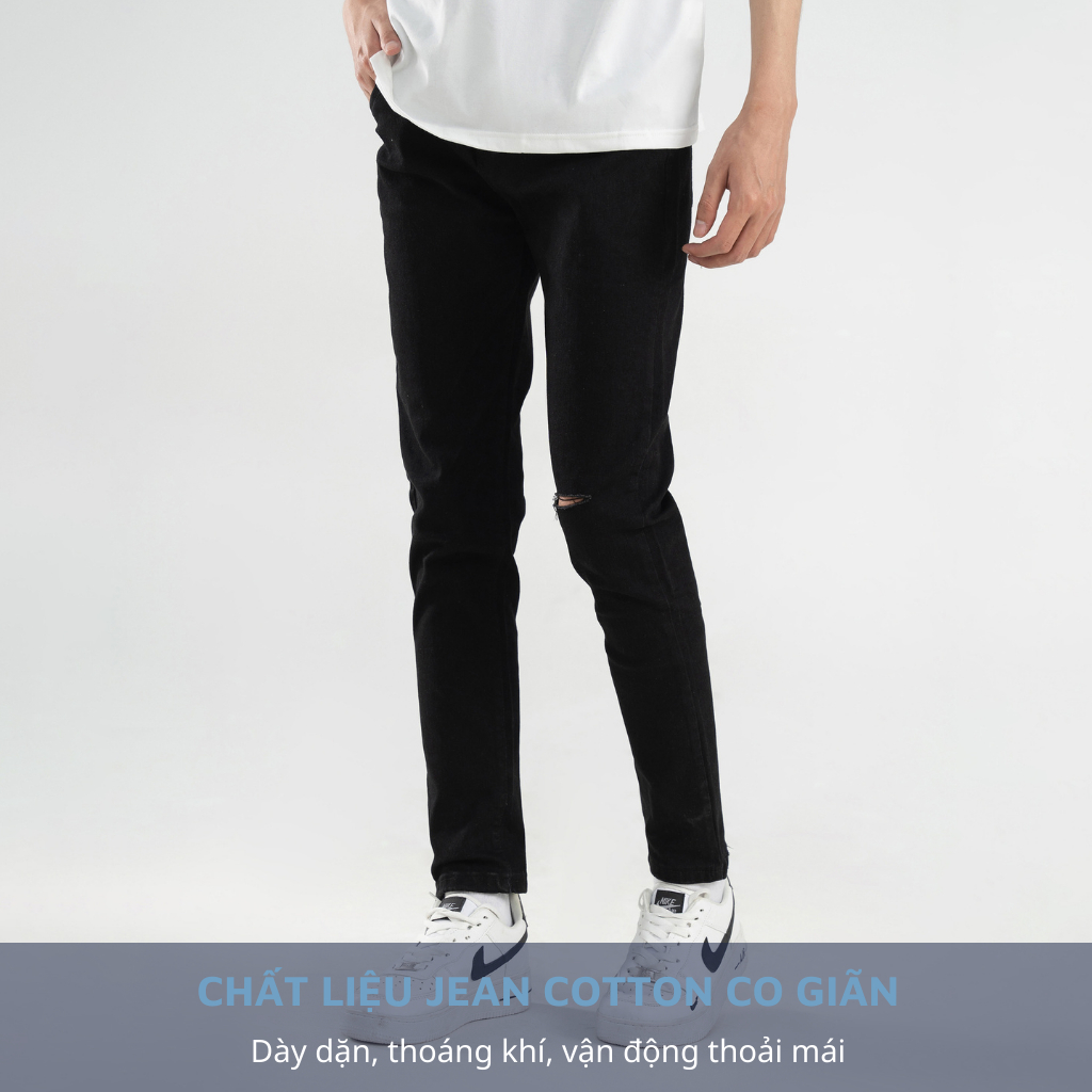 Quần Jean Nam Đen Trơn, Rách, Ống Côn Ôm Dáng Skinny Chất Bò Co Giãn HTR014