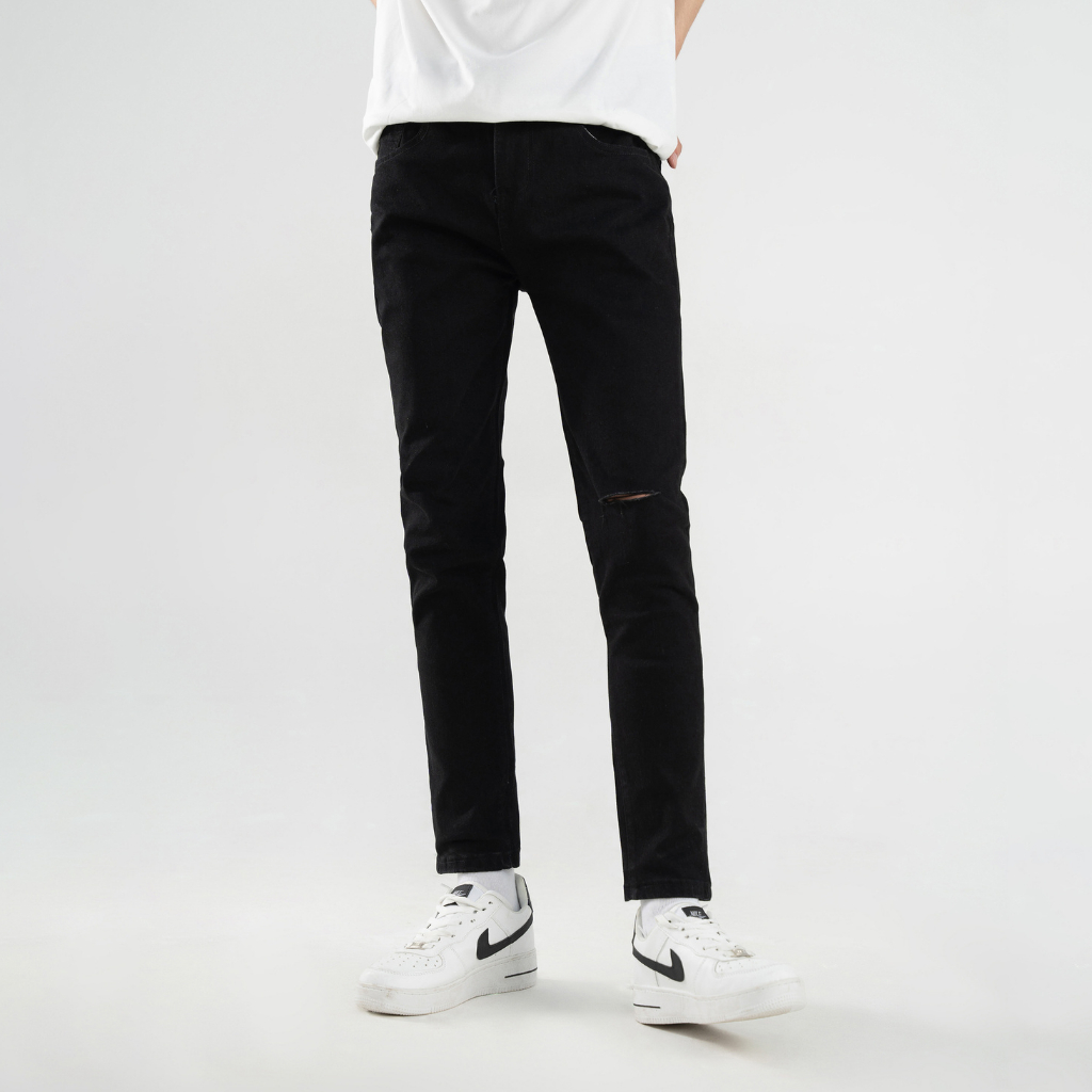 Quần Jean Nam Đen Trơn, Rách, Ống Côn Ôm Dáng Skinny Chất Bò Co Giãn HTR014