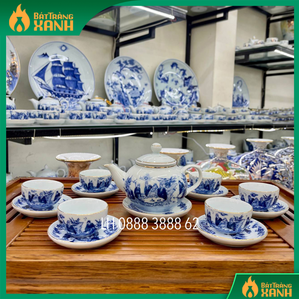 Bộ ấm trà men lam phỏng cổ trúc lâm thất hiền vẽ vàng kim