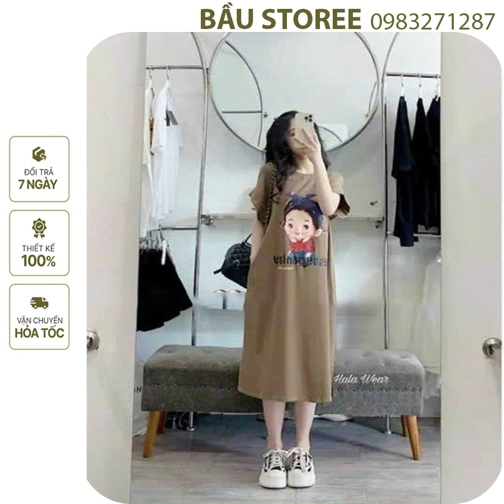 VÁY ĐẦM BẦU MÙA HÈ XINH XẮN-ĐẦM BẦU THIẾT KẾ DÁNG XUÔNG TAY CÁNH RƠI IN HÌNH CÔ GÁI BĂNG ĐÔ ĐẸP