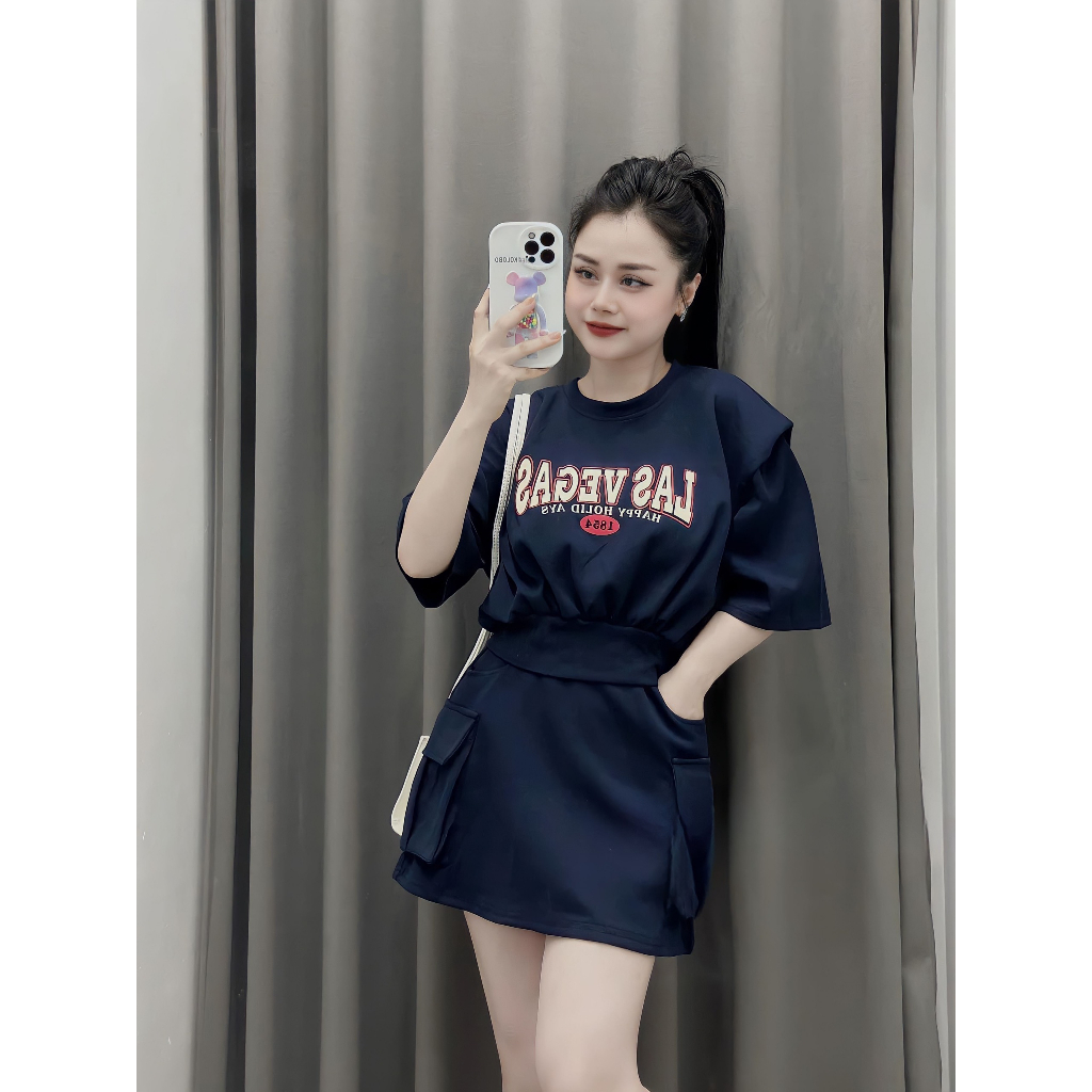 Bộ Áo Thun LASVEGAS Kèm Chân Váy Túi Hộp Vải Cotton Cạp Cao 3 Màu
