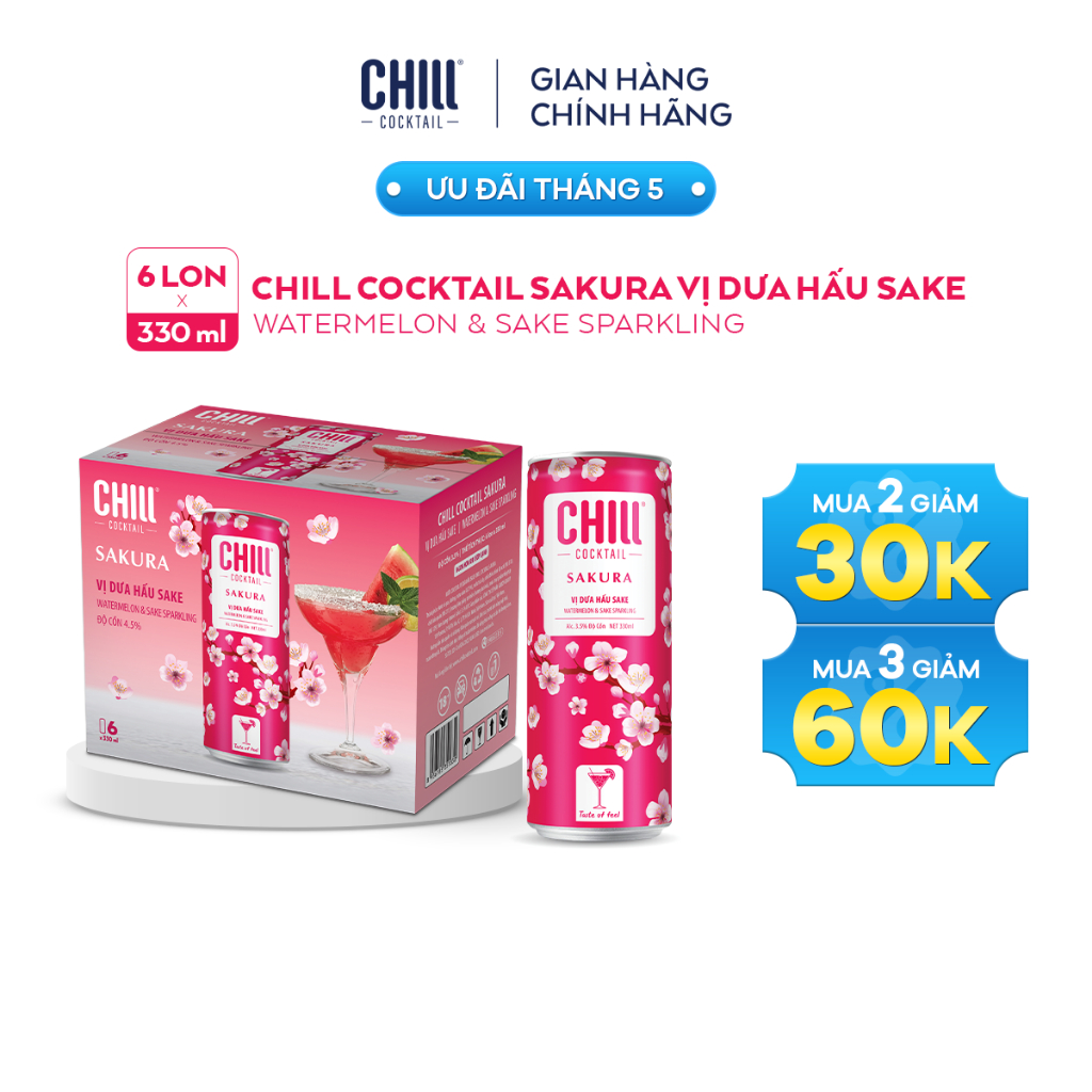 Thùng 6 lon Chill Cocktail Sakura vị Dưa Hấu Sake (330ml/lon)